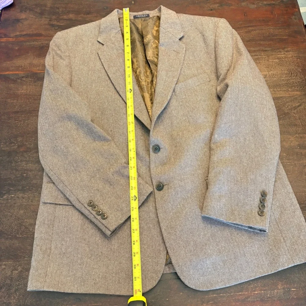 Adolfo Mens 44 Short Brown Herringbone 100% Lambswool Blazer Sport Coat Jacket